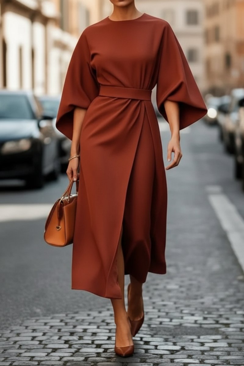 Women's Lantern-Sleeve Waist-Cinching Midi Cocktail Dress - Rust Brown