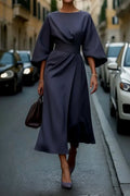 Women's Lantern-Sleeve Waist-Cinching Midi Cocktail Dress - Navy Blue