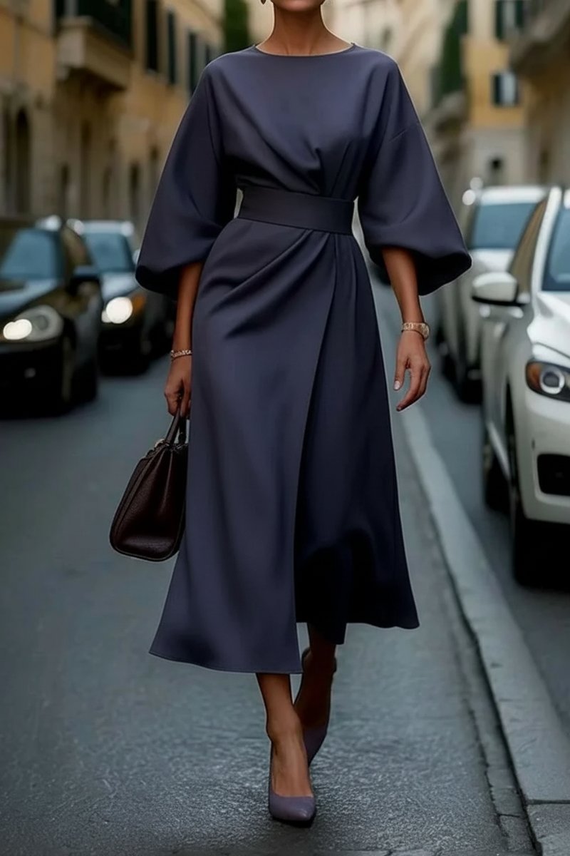Women's Lantern-Sleeve Waist-Cinching Midi Cocktail Dress - Navy Blue