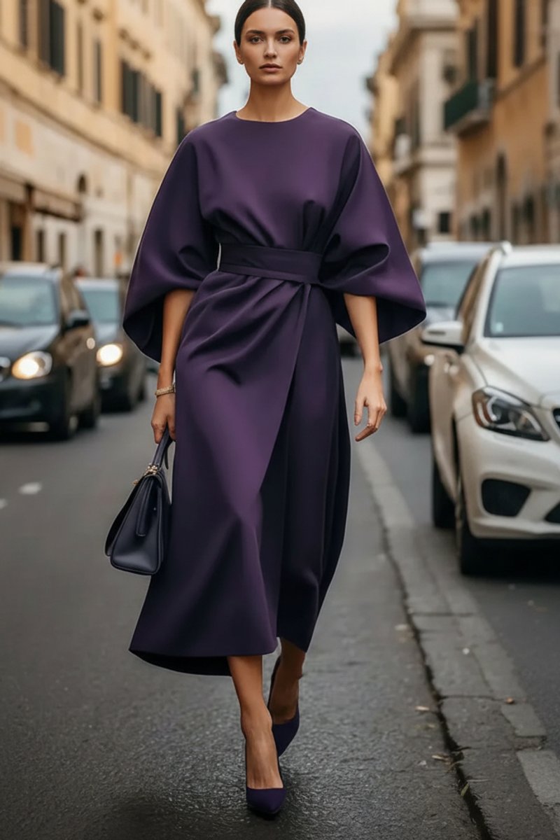 Women's Lantern-Sleeve Waist-Cinching Midi Cocktail Dress