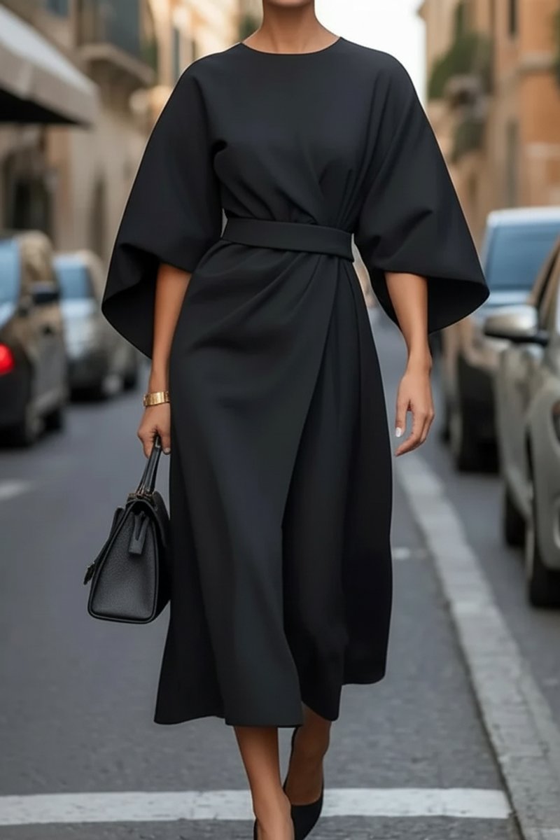 Women's Lantern-Sleeve Waist-Cinching Midi Cocktail Dress - Black