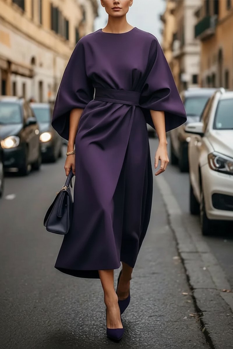 Women's Lantern-Sleeve Waist-Cinching Midi Cocktail Dress - Purple