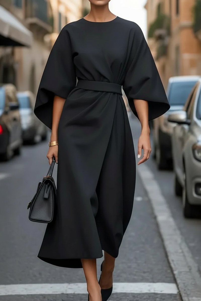 Women's Lantern-Sleeve Waist-Cinching Midi Cocktail Dress