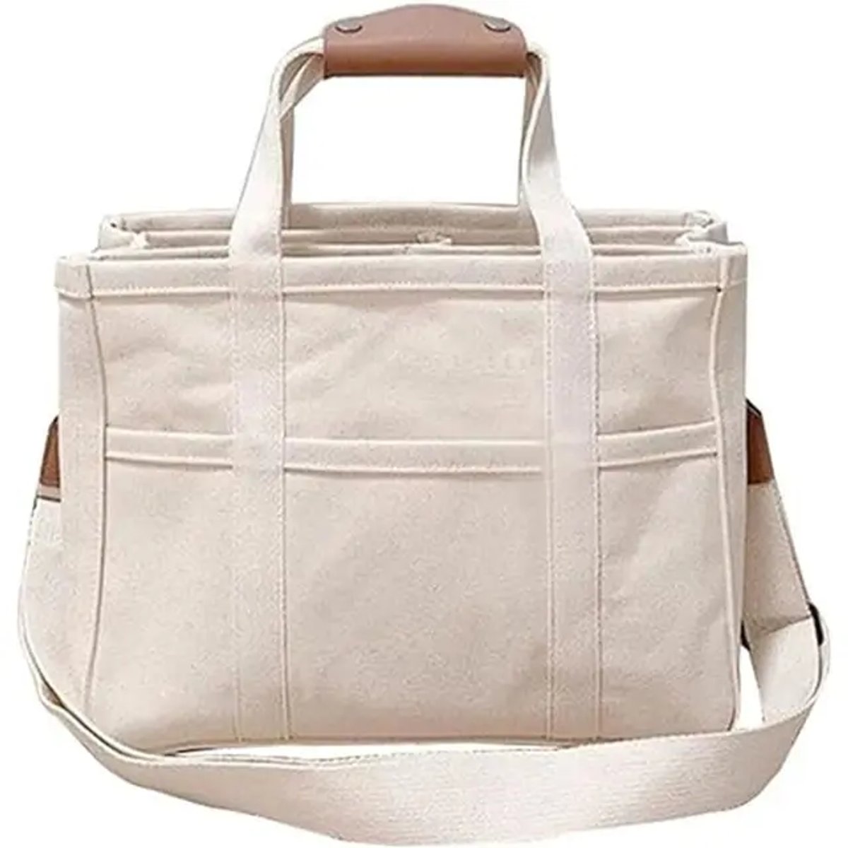 Women's Large-Capacity Multi-Pocket Canvas Tote Bag Crossbody - Beige