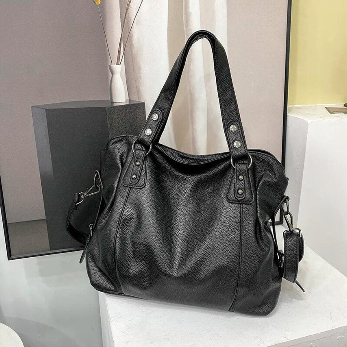 Women's Large Capacity Studded Shoulder Tote Bag - Black