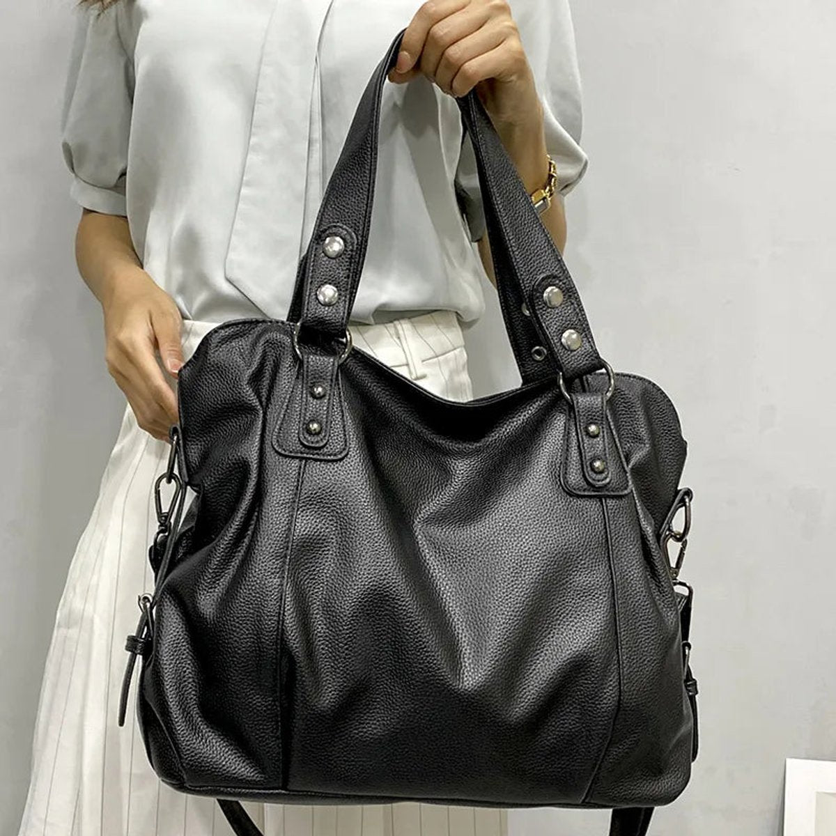 Women's Large Capacity Studded Shoulder Tote Bag - Cream