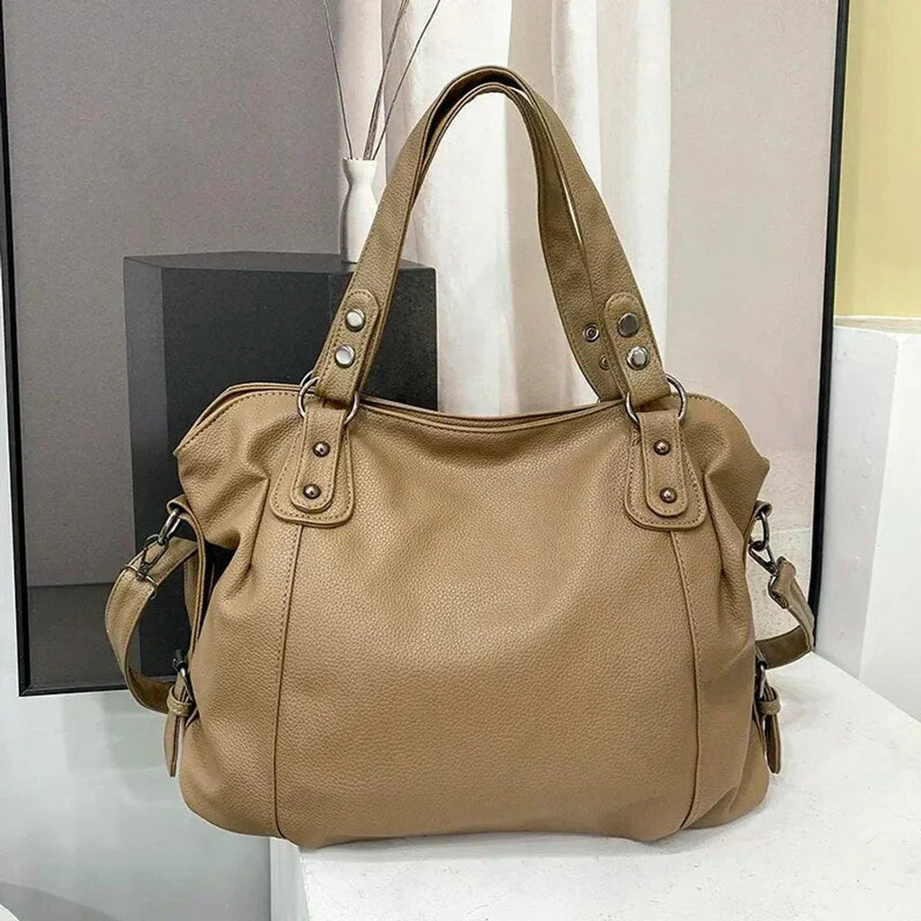 Women's Large Capacity Studded Shoulder Tote Bag - Beige