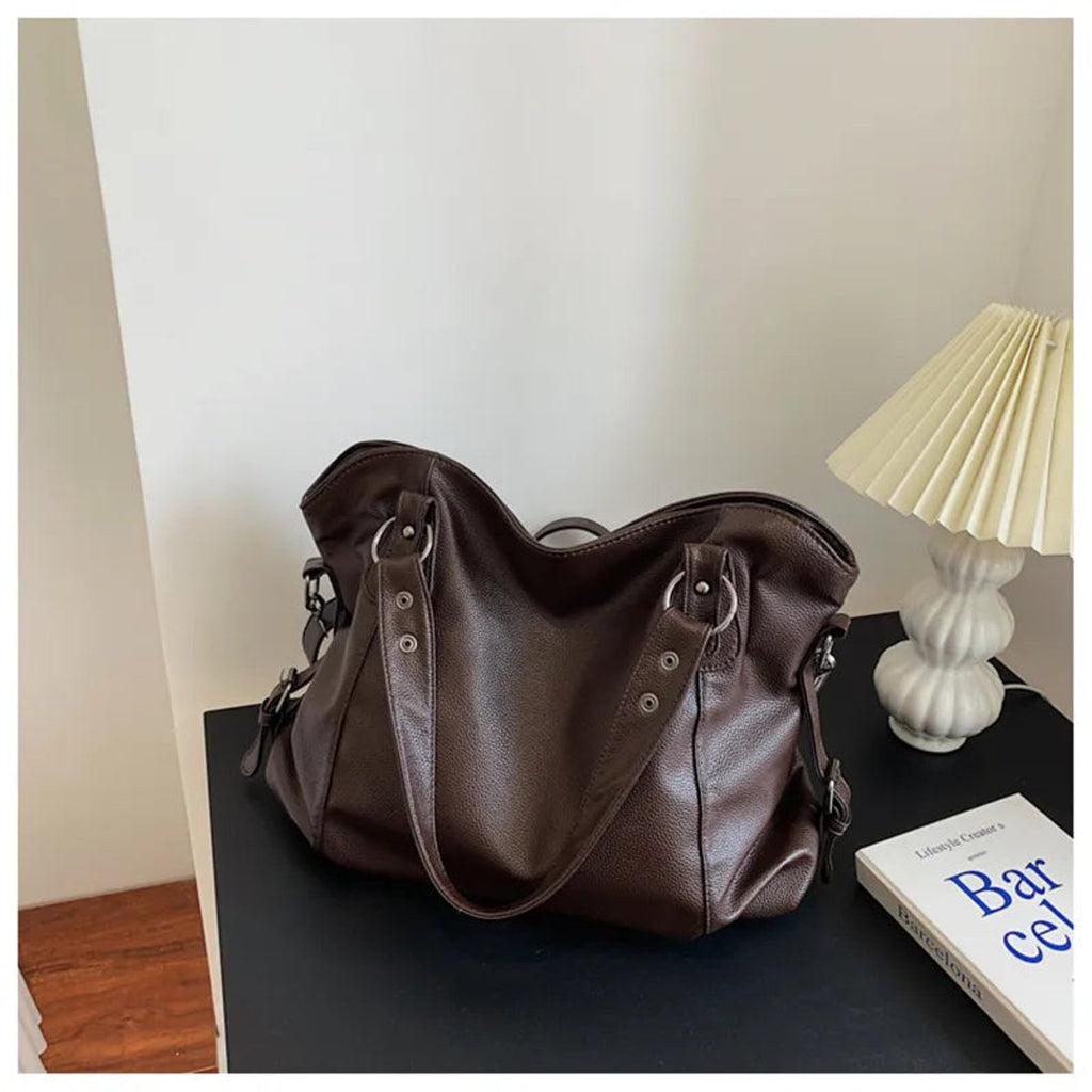 Women's Large Capacity Studded Shoulder Tote Bag - Brown