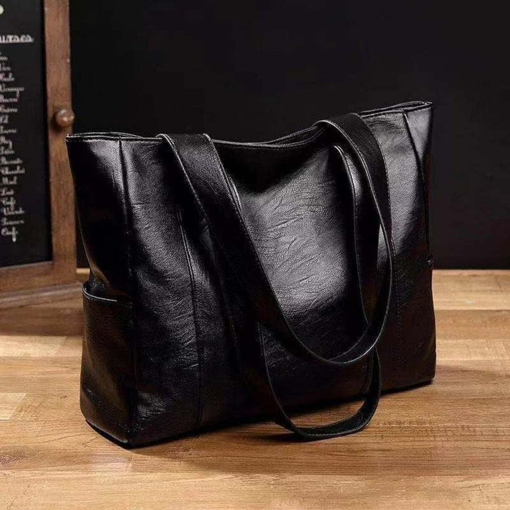 Women's Large-Capacity Vintage Leather Shoulder Tote Bag - Black