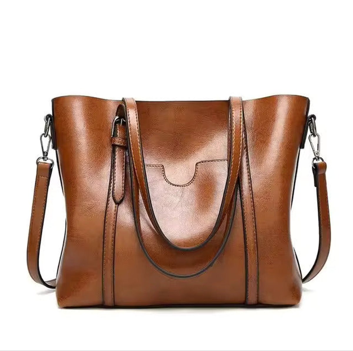 Women's Large Oil-Wax Leather Shoulder Tote Bag - Brown