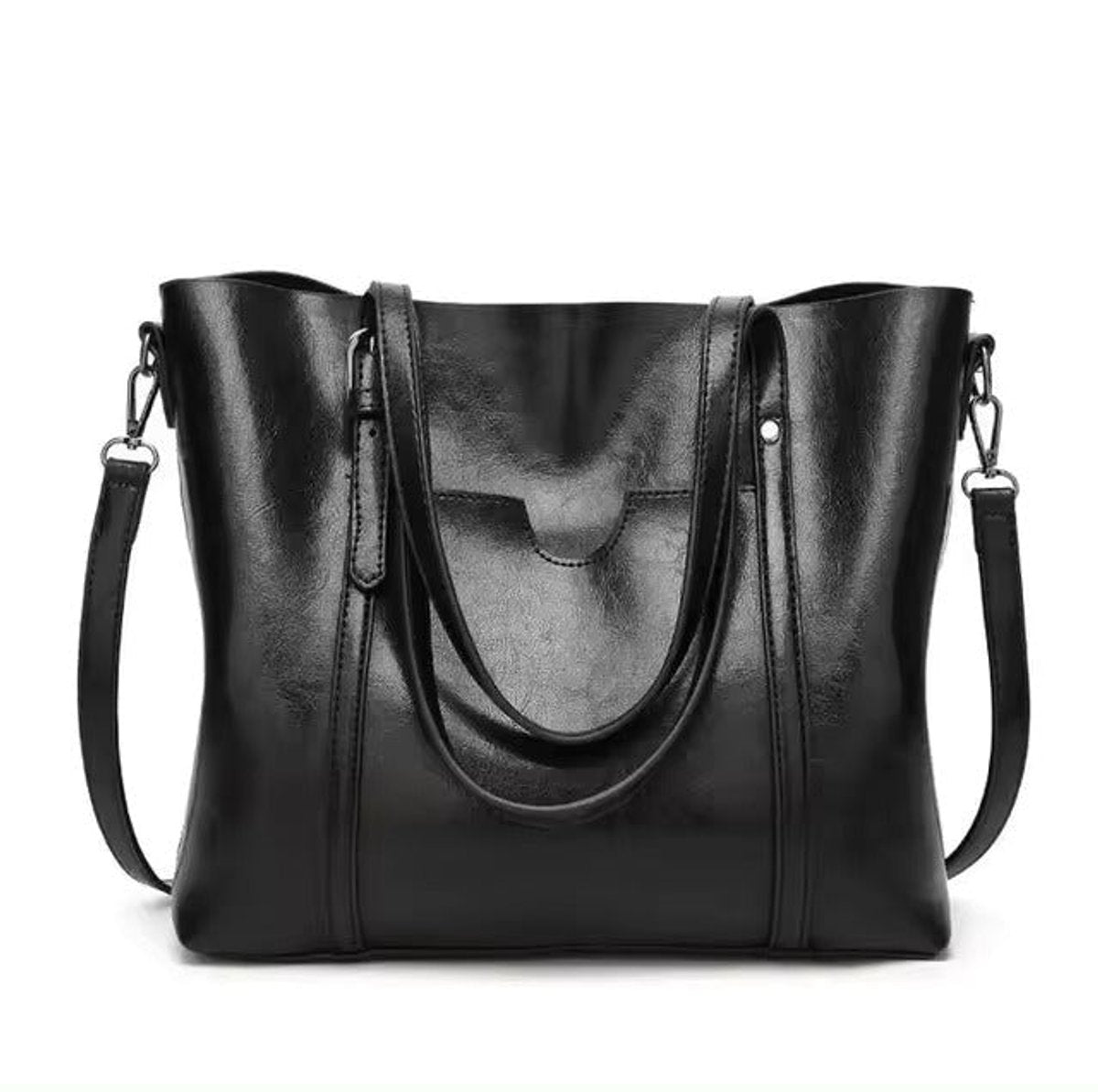 Women's Large Oil-Wax Leather Shoulder Tote Bag - Black