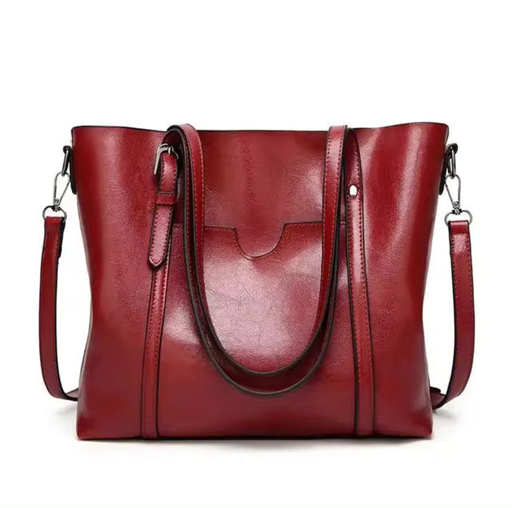 Women's Large Oil-Wax Leather Shoulder Tote Bag - Red
