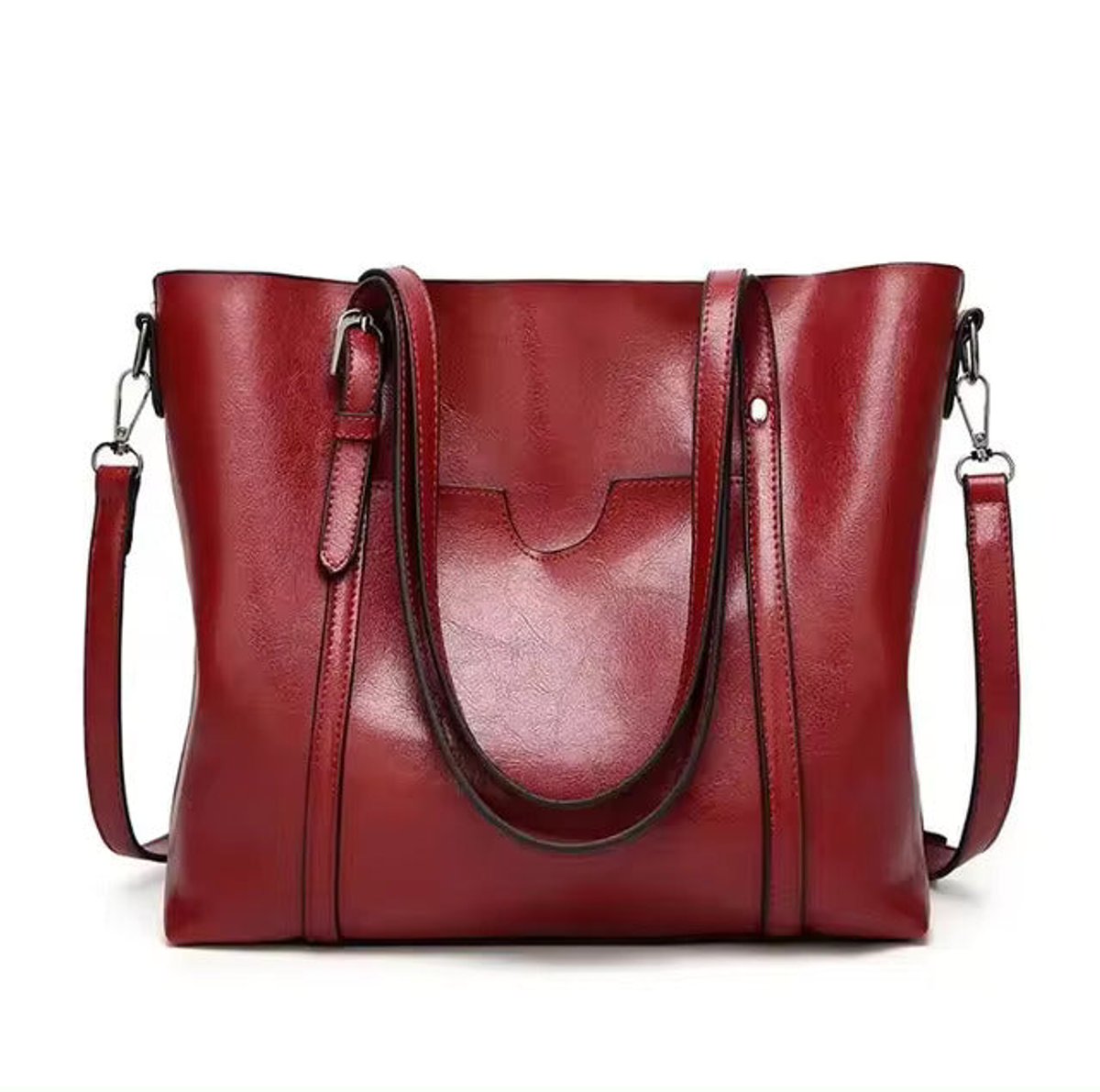 Women's Large Oil-Wax Leather Shoulder Tote Bag - Red