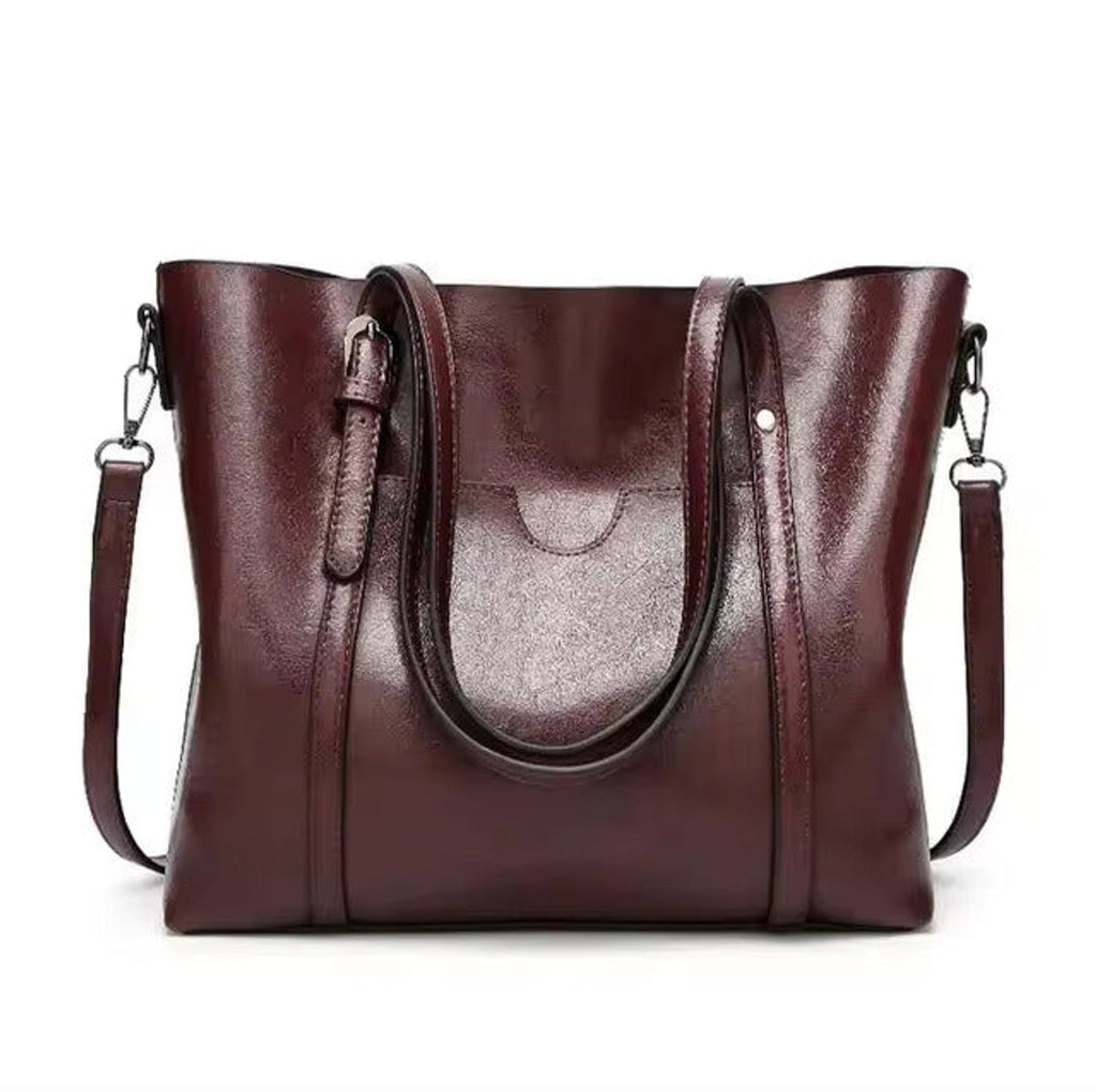 Women's Large Oil-Wax Leather Shoulder Tote Bag - Coffee