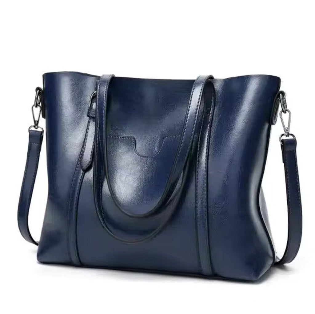 Women's Large Oil-Wax Leather Shoulder Tote Bag - Blue