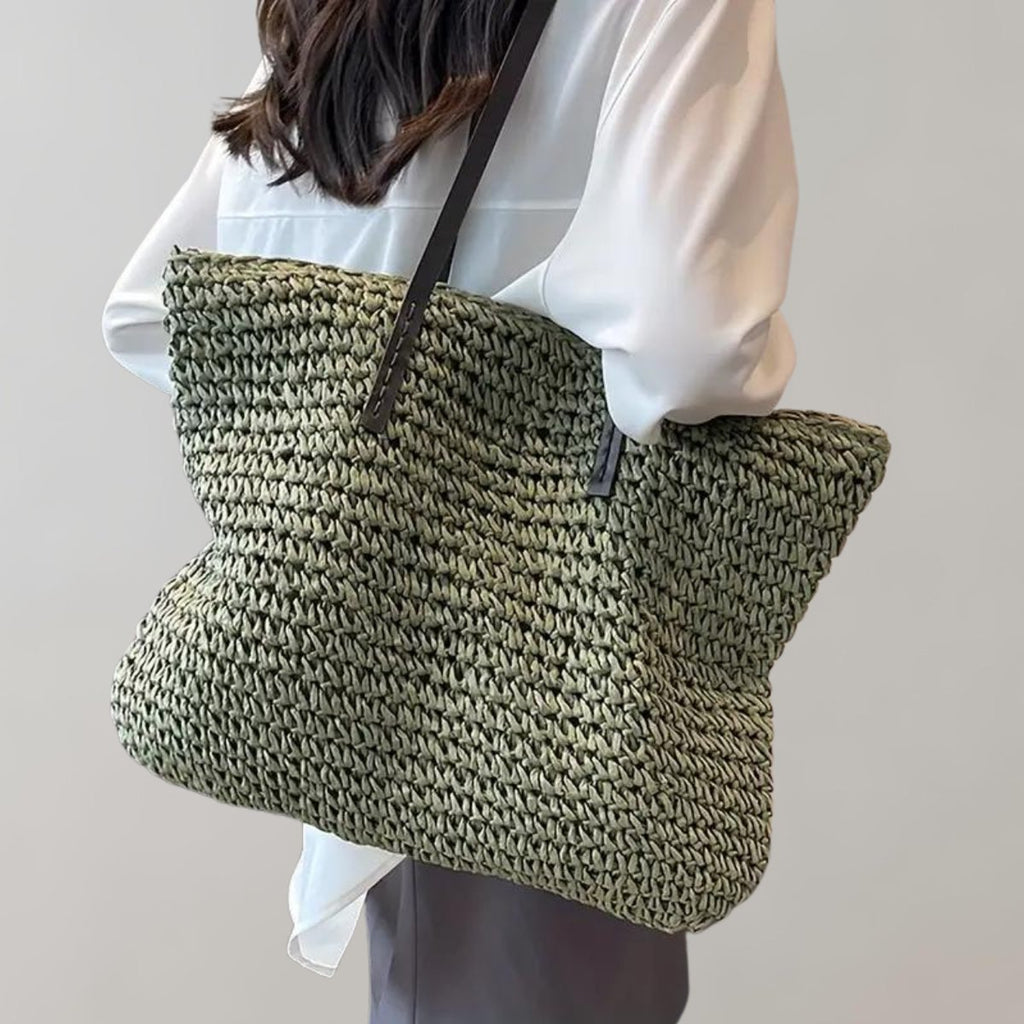 Women's Large Woven Straw Tote Bag Bohemian Beach Shoulder Bag - Green