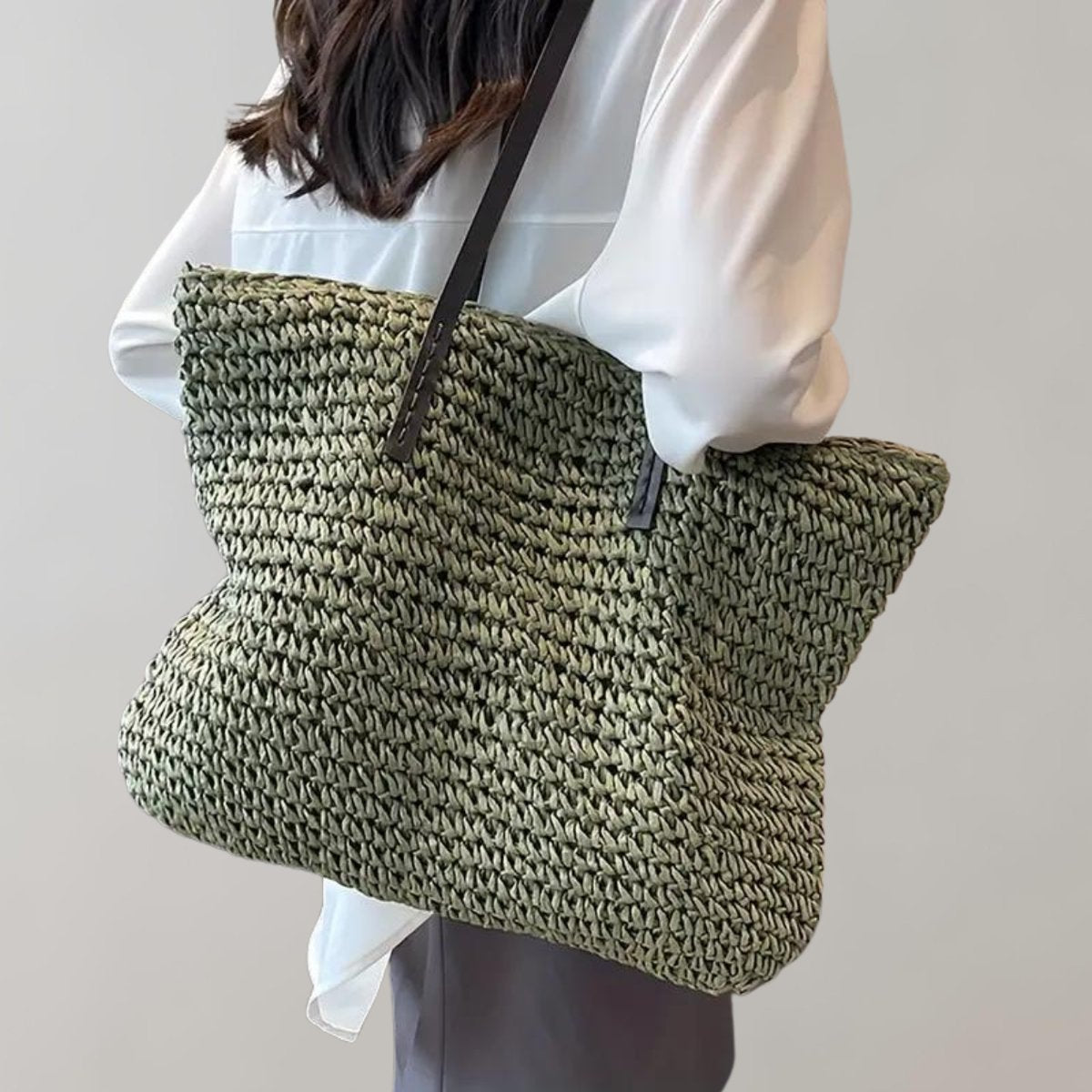 Women's Large Woven Straw Tote Bag Bohemian Beach Shoulder Bag - Green