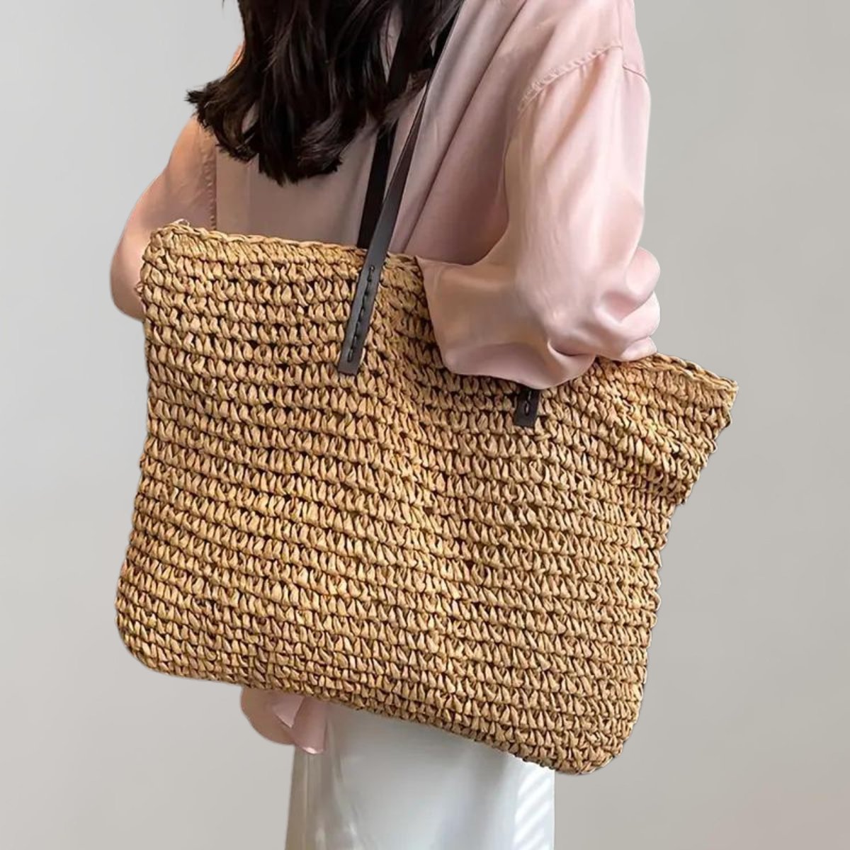 Women's Large Woven Straw Tote Bag Bohemian Beach Shoulder Bag - Khaki