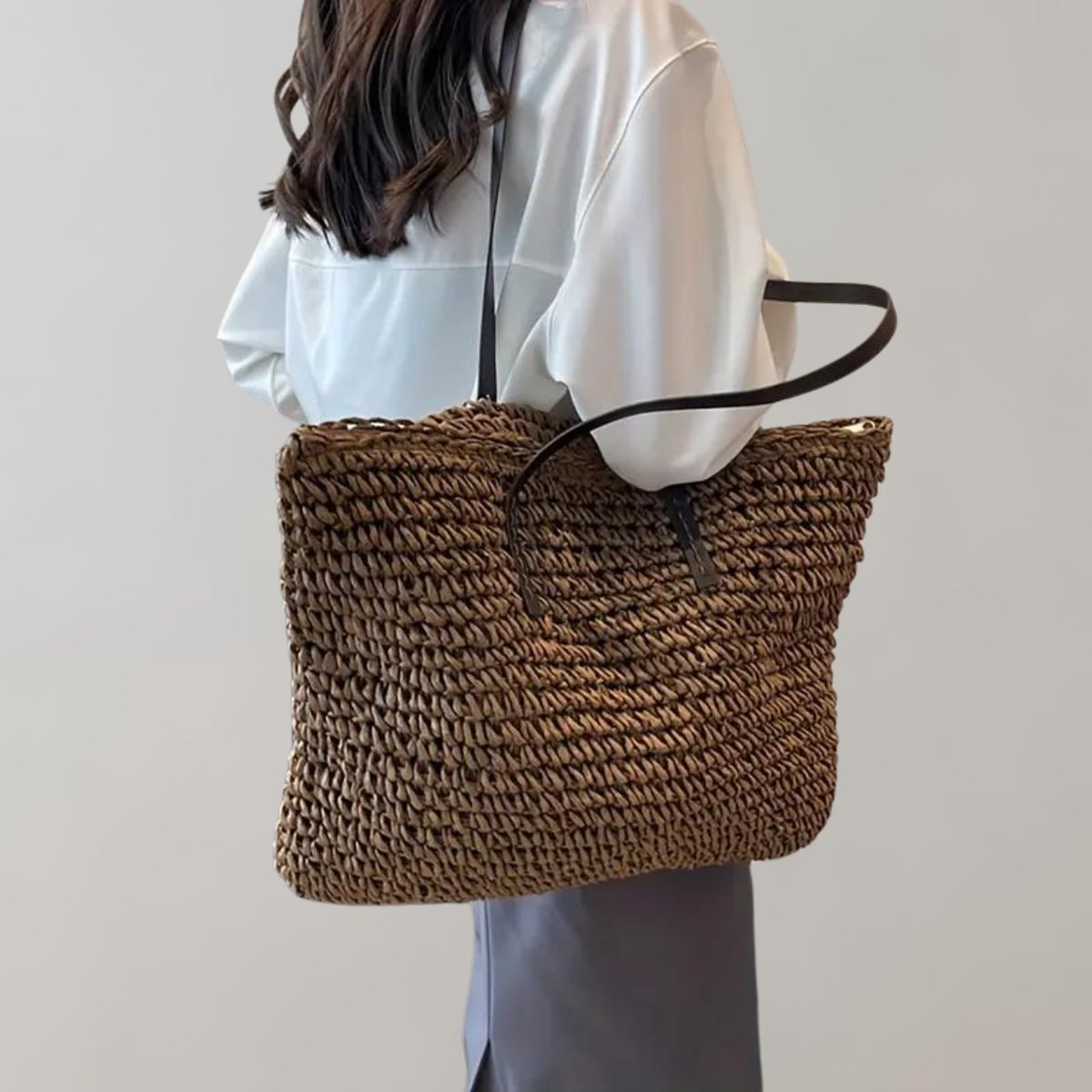 Women's Large Woven Straw Tote Bag Bohemian Beach Shoulder Bag - Coffee