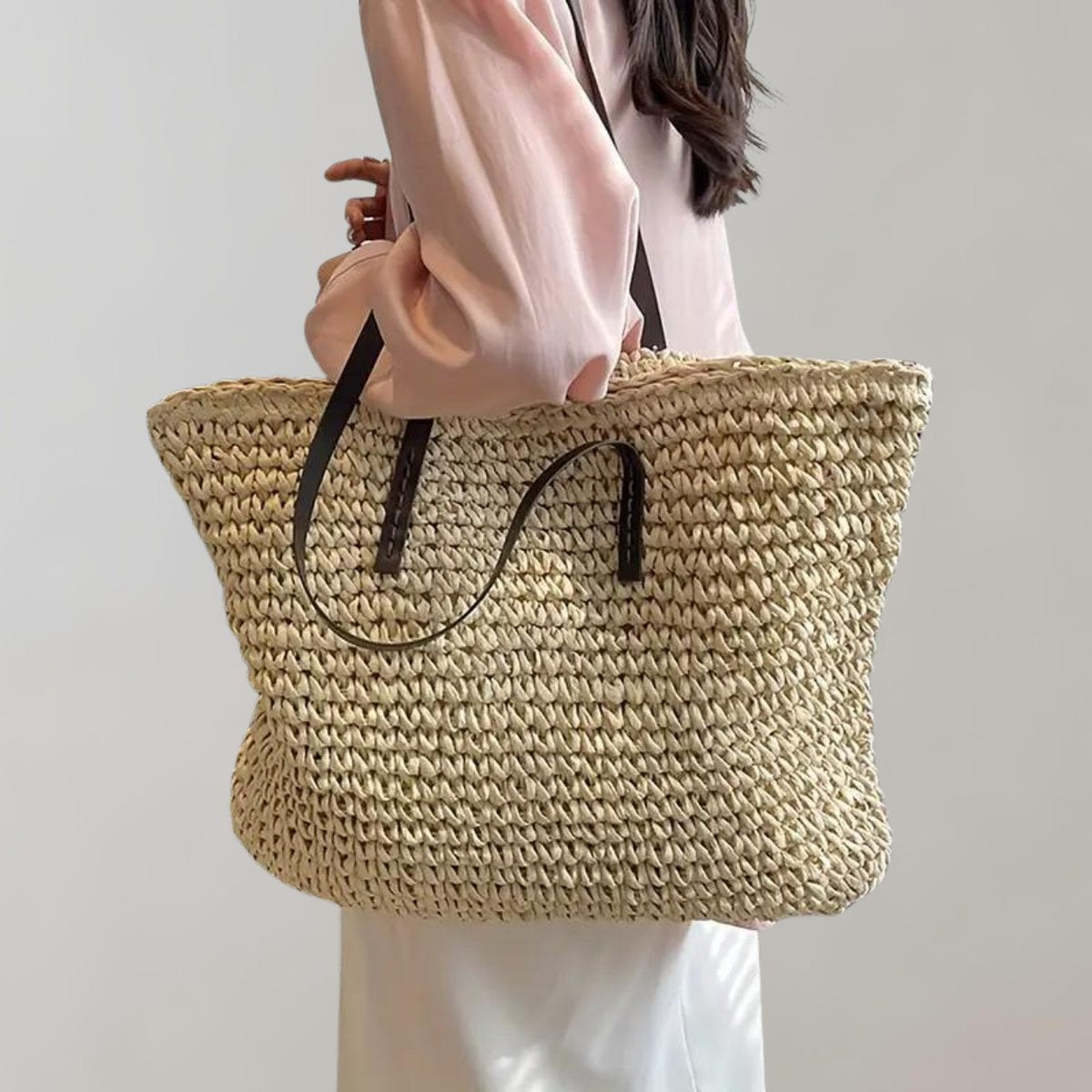 Women's Large Woven Straw Tote Bag Bohemian Beach Shoulder Bag - Beige