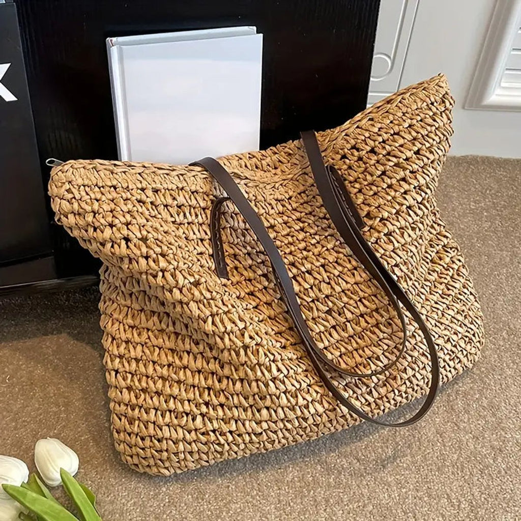 Women's Large Woven Straw Tote Bag Bohemian Beach Shoulder Bag