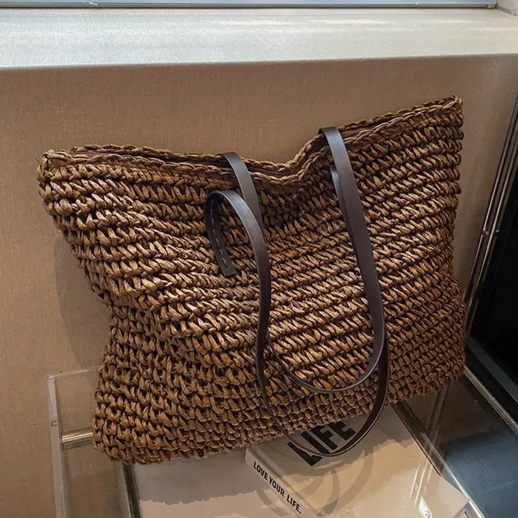 Women's Large Woven Straw Tote Bag Bohemian Beach Shoulder Bag