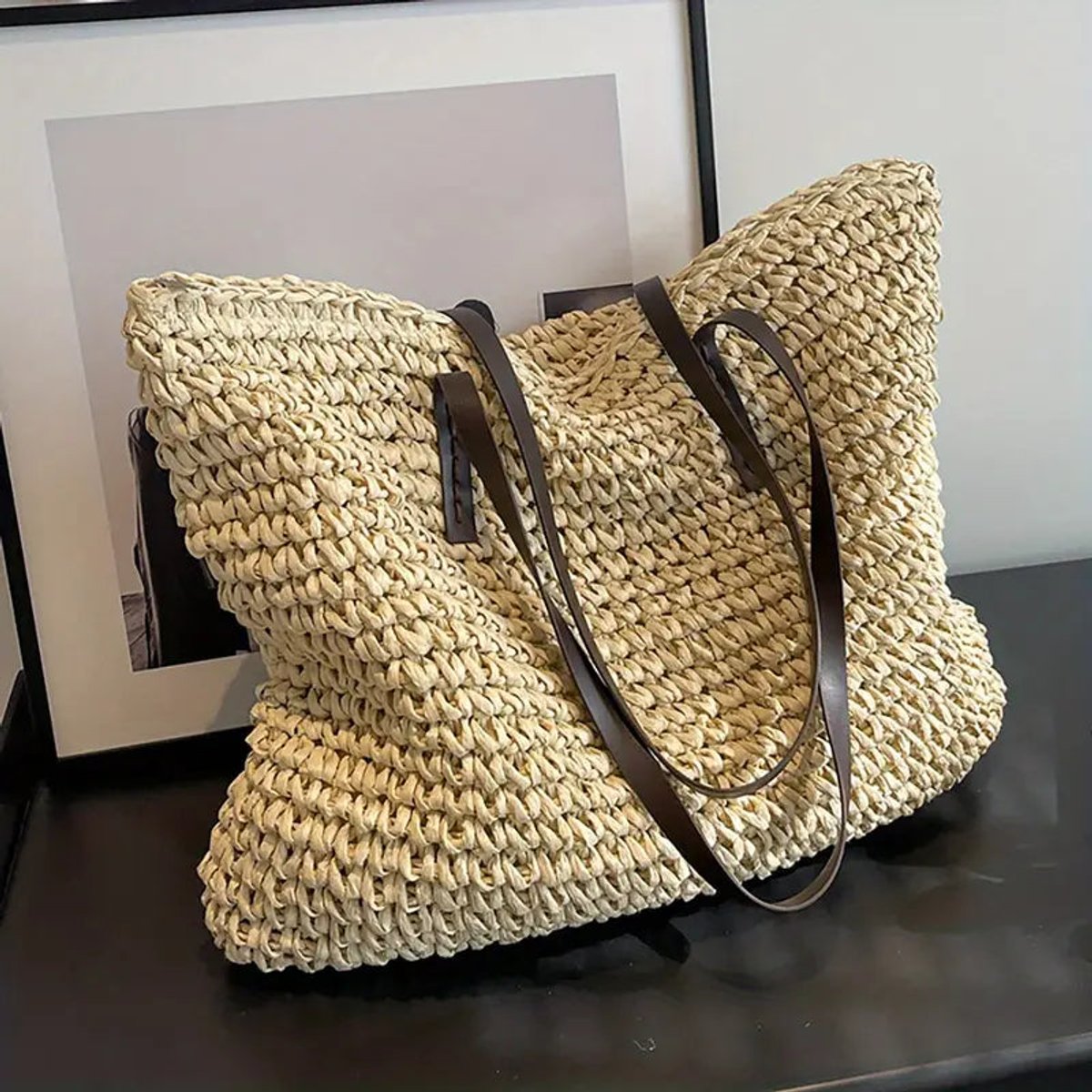 Women's Large Woven Straw Tote Bag Bohemian Beach Shoulder Bag
