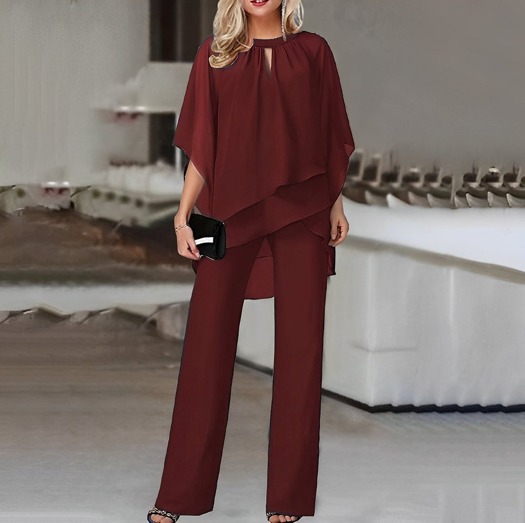 Women's Layered Chiffon Top Wide Leg Pants Two-Piece Set - Wine Red