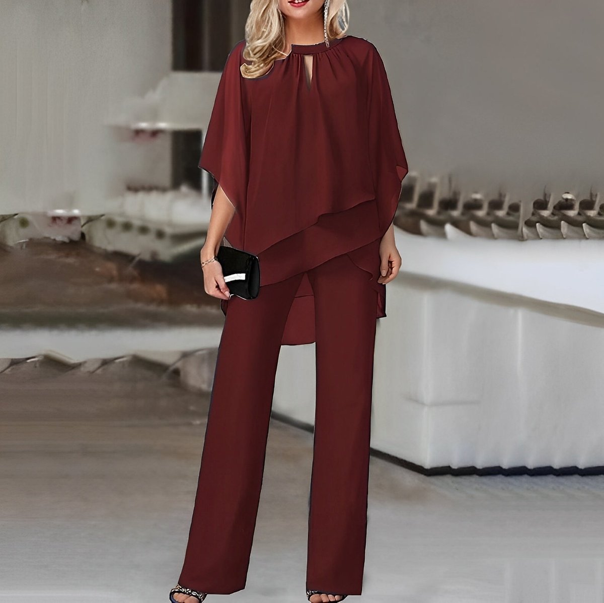 Women's Layered Chiffon Top Wide Leg Pants Two-Piece Set - Wine Red