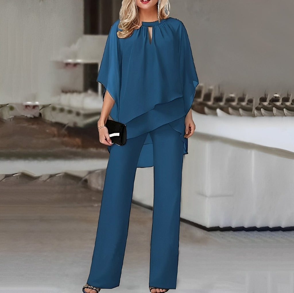 Women's Layered Chiffon Top Wide Leg Pants Two-Piece Set - Sapphire Blue