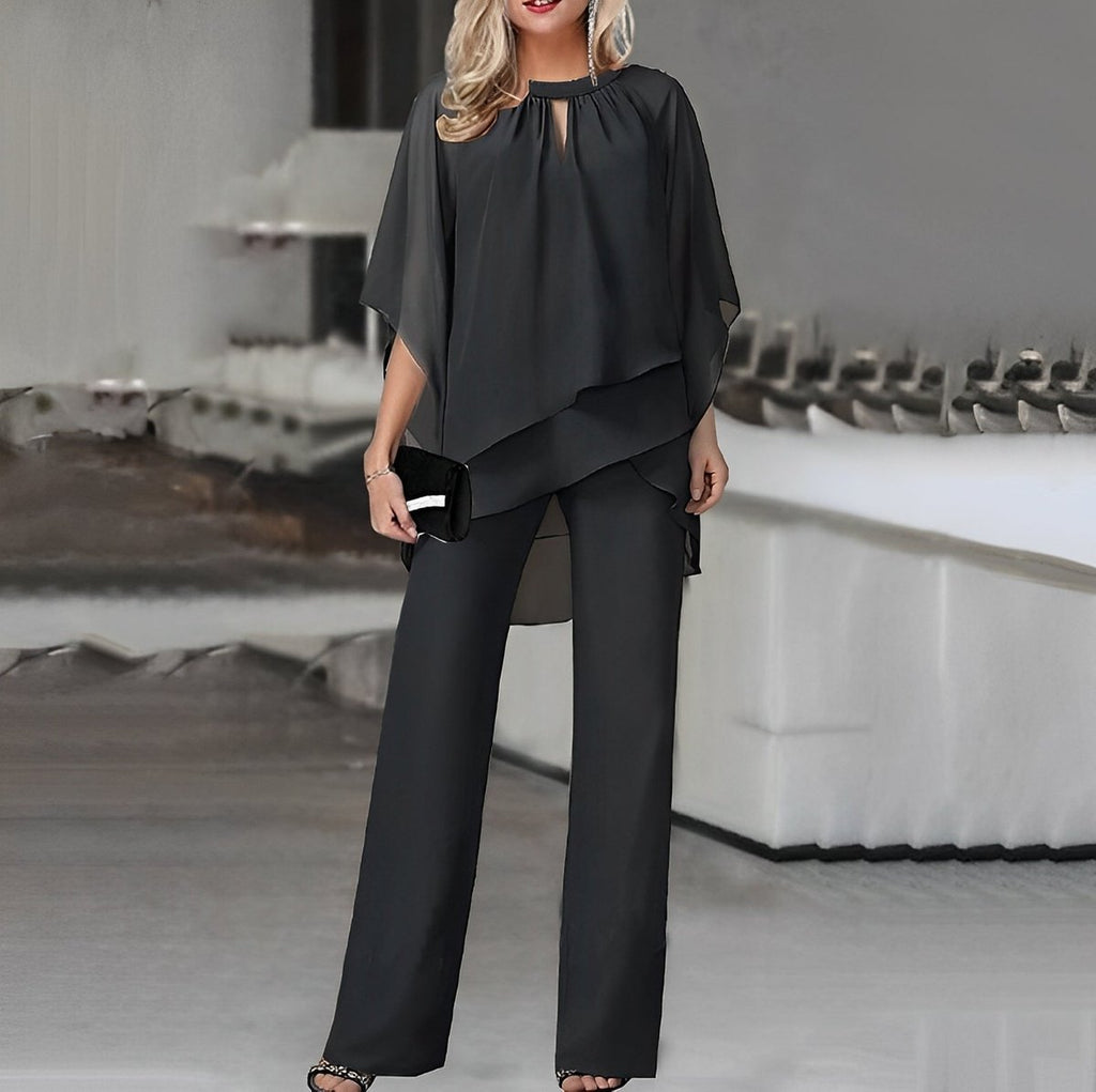 Women's Layered Chiffon Top Wide Leg Pants Two-Piece Set - Black