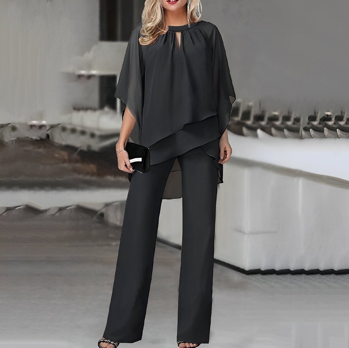 Women's Layered Chiffon Top Wide Leg Pants Two-Piece Set - Black