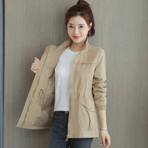 Women's Lightweight Zip-Up Drawstring Bomber Jacket - Khaki