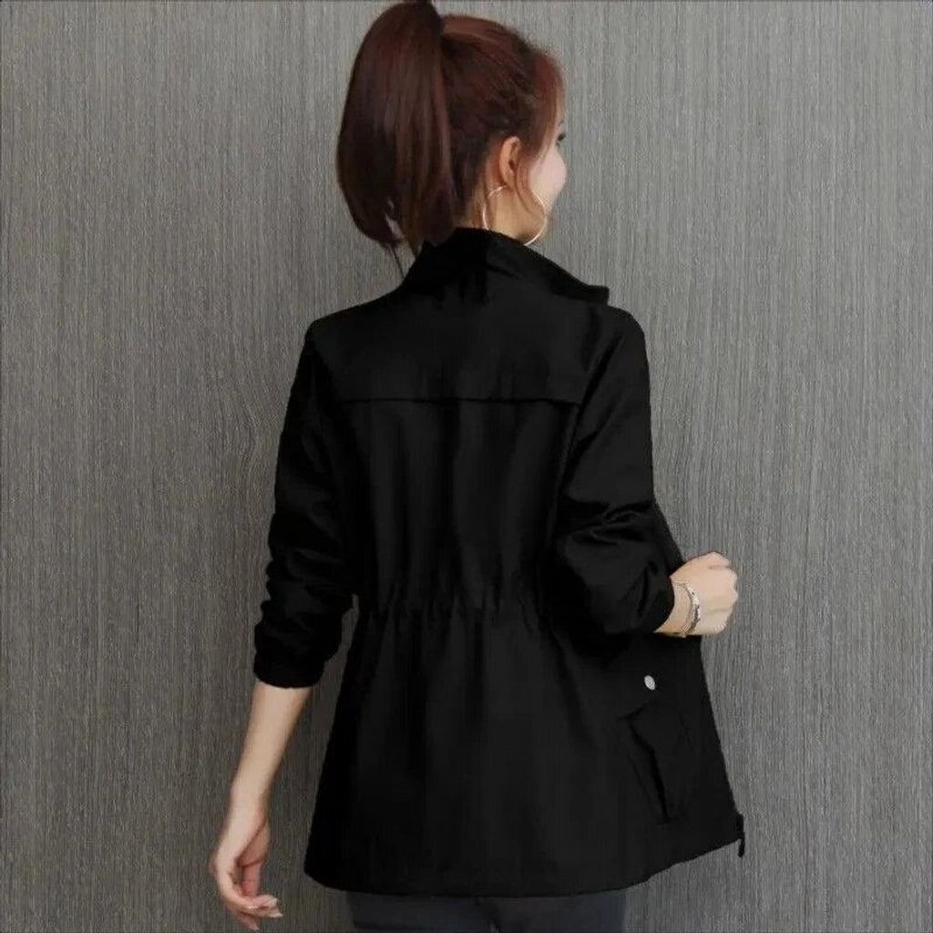 Women's Lightweight Zip-Up Drawstring Bomber Jacket - Black