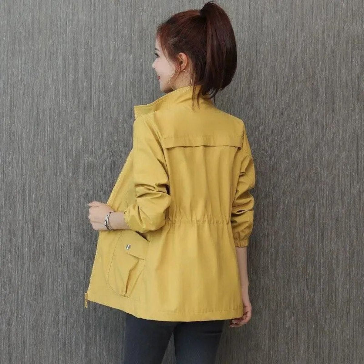 Women's Lightweight Zip-Up Drawstring Bomber Jacket - Yellow
