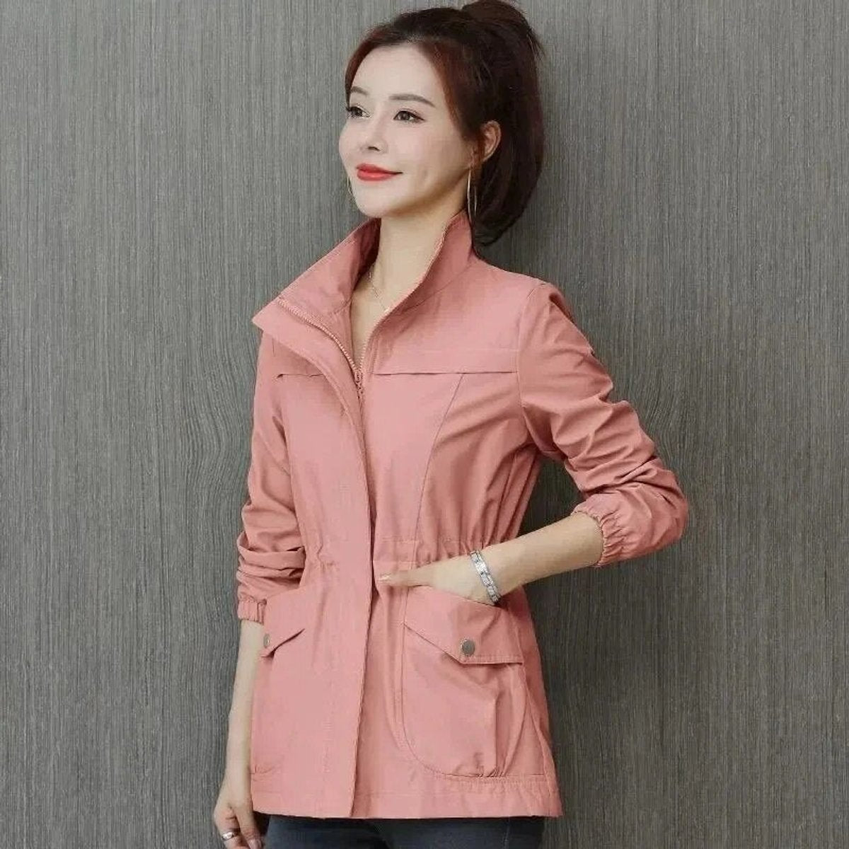 Women's Lightweight Zip-Up Drawstring Bomber Jacket - Pink