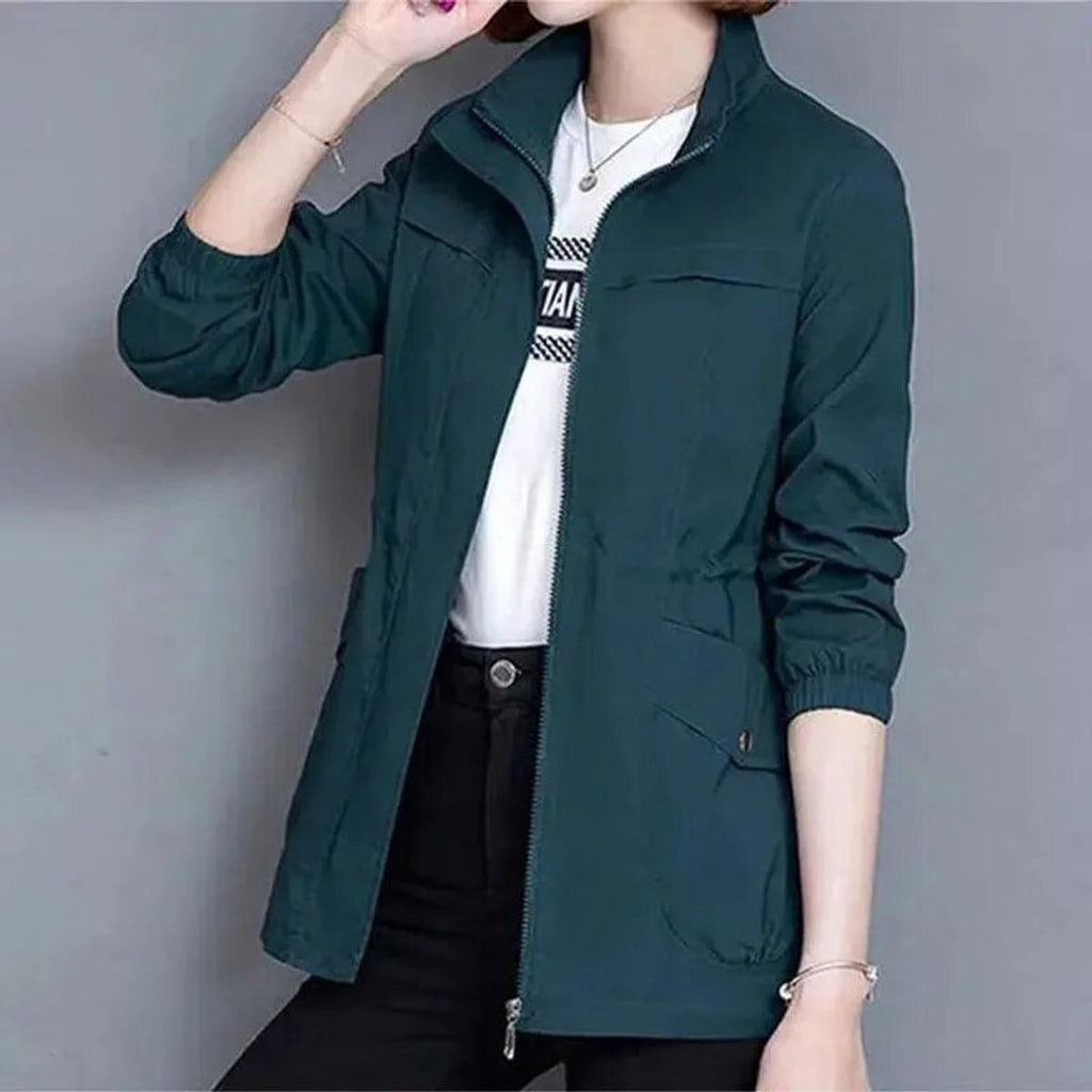 Women's Lightweight Zip-Up Drawstring Bomber Jacket - Blue