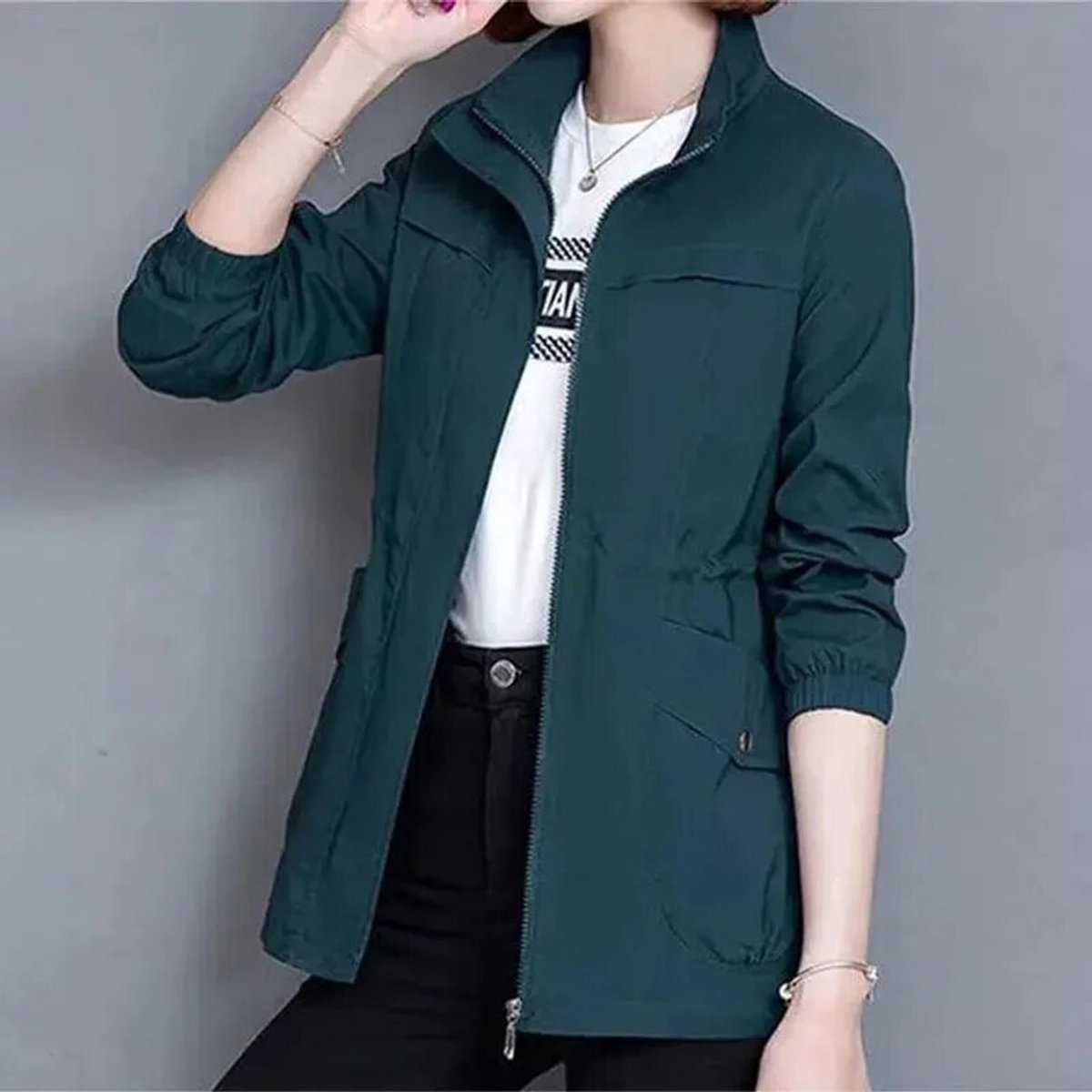 Women's Lightweight Zip-Up Drawstring Bomber Jacket - Blue