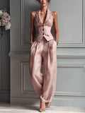 Women's Linen Lapel Vest Wide Leg Pants Two-Piece Set - Light Pink