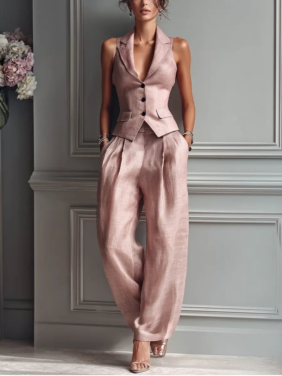 Women's Linen Lapel Vest Wide Leg Pants Two-Piece Set - Light Pink
