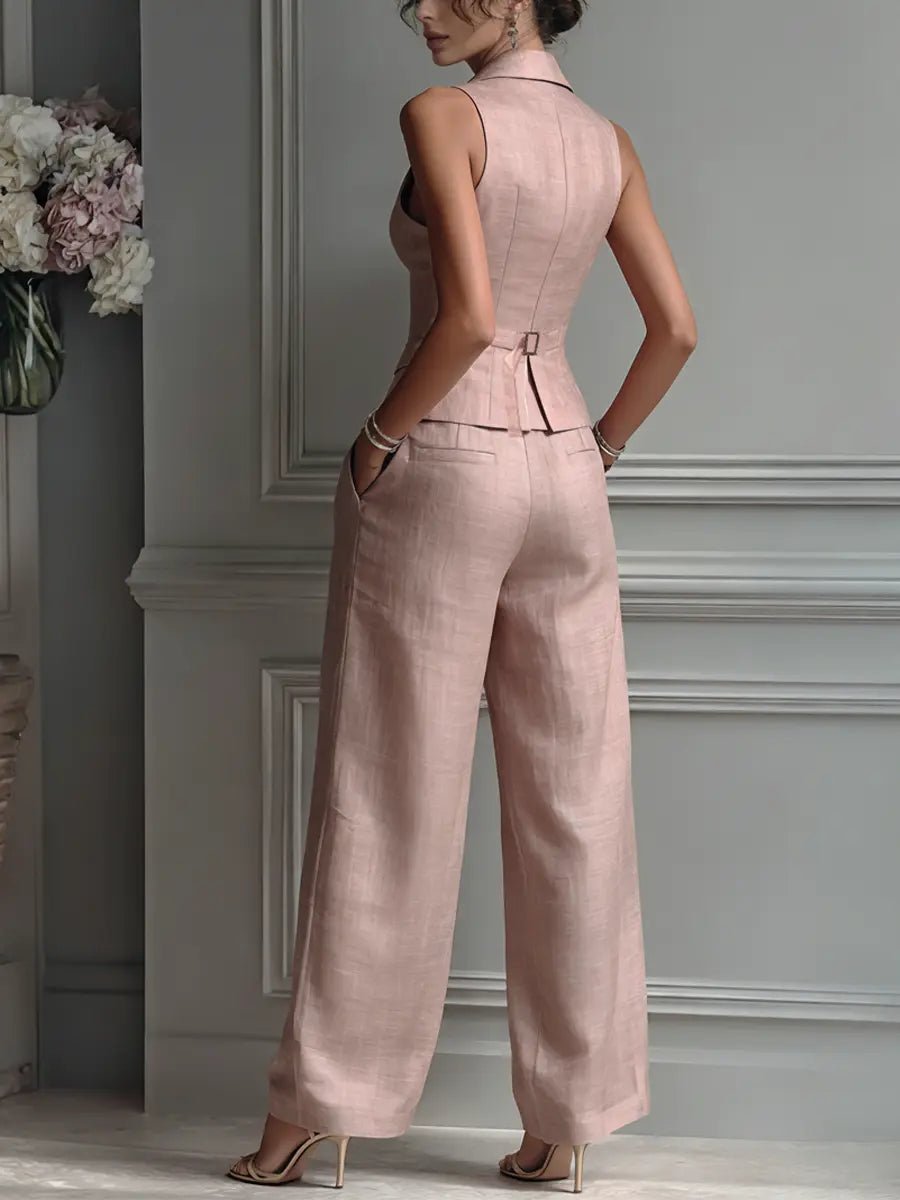 Women's Linen Lapel Vest Wide Leg Pants Two-Piece Set