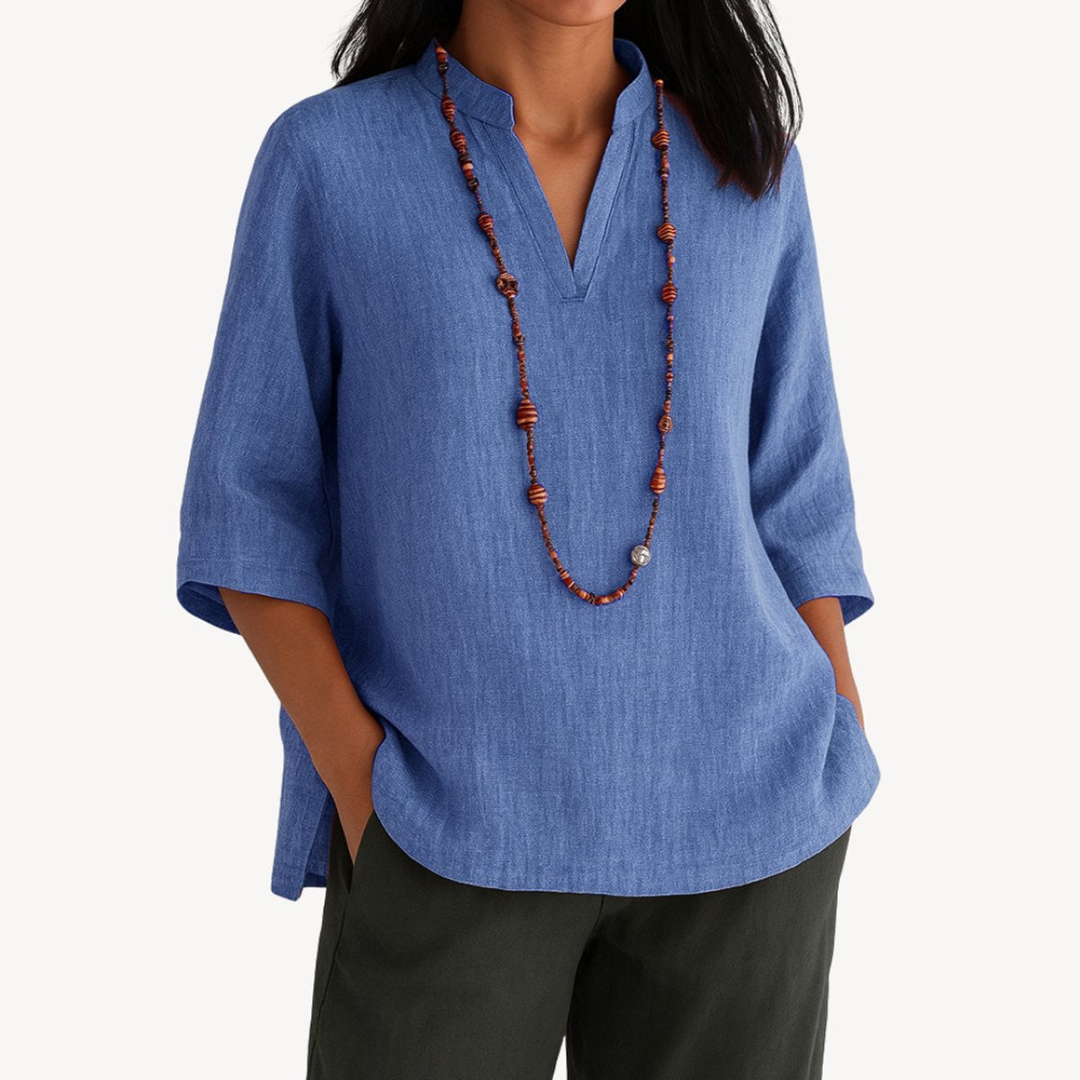 Women's Linen V-Neck 3/4 Sleeve Relaxed Tunic Blouse - Blue