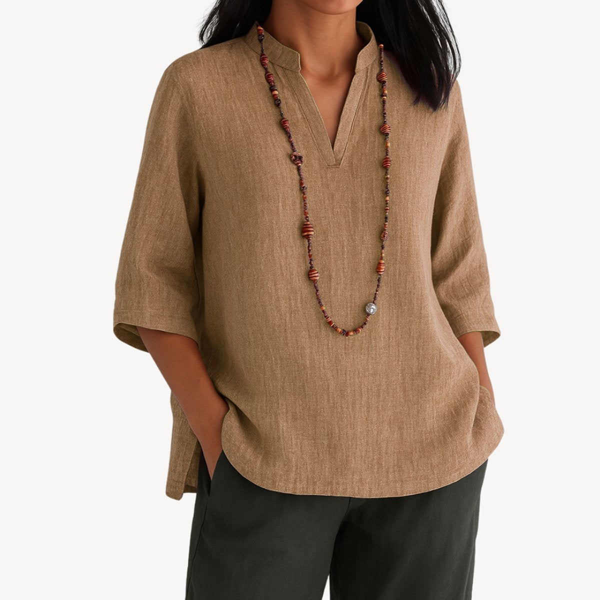Women's Linen V-Neck 3/4 Sleeve Relaxed Tunic Blouse - Brown