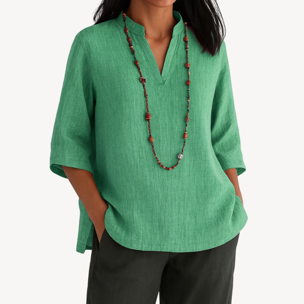 Women's Linen V-Neck 3/4 Sleeve Relaxed Tunic Blouse - Green