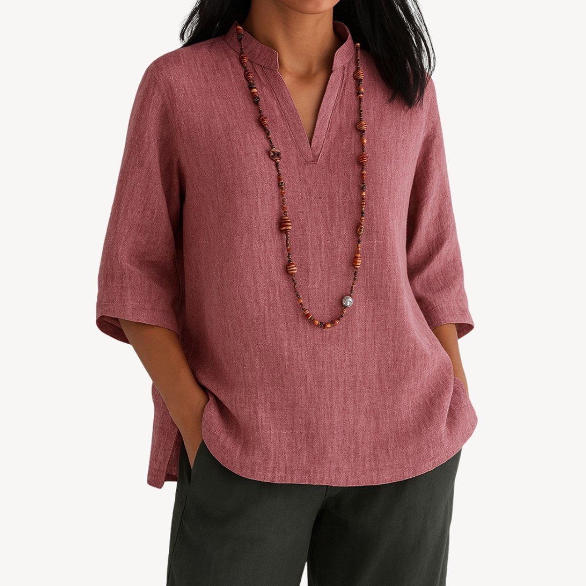 Women's Linen V-Neck 3/4 Sleeve Relaxed Tunic Blouse - Pink