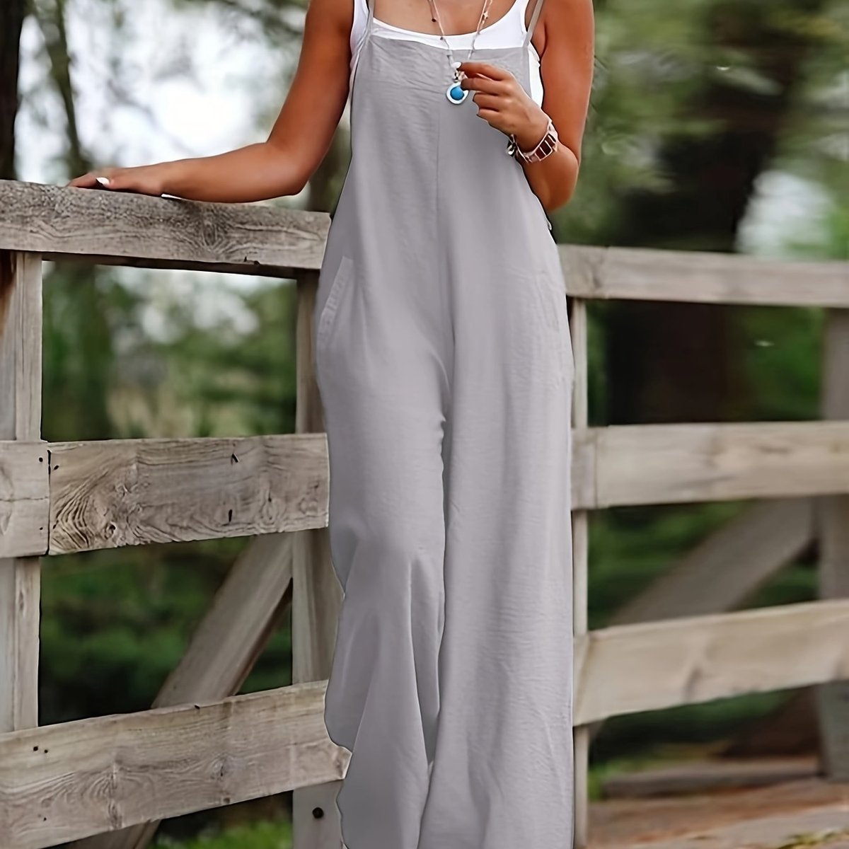 Women's Linen Wide Leg Pants Sleeveless Bib Overall Jumpsuit - Silvery Grey