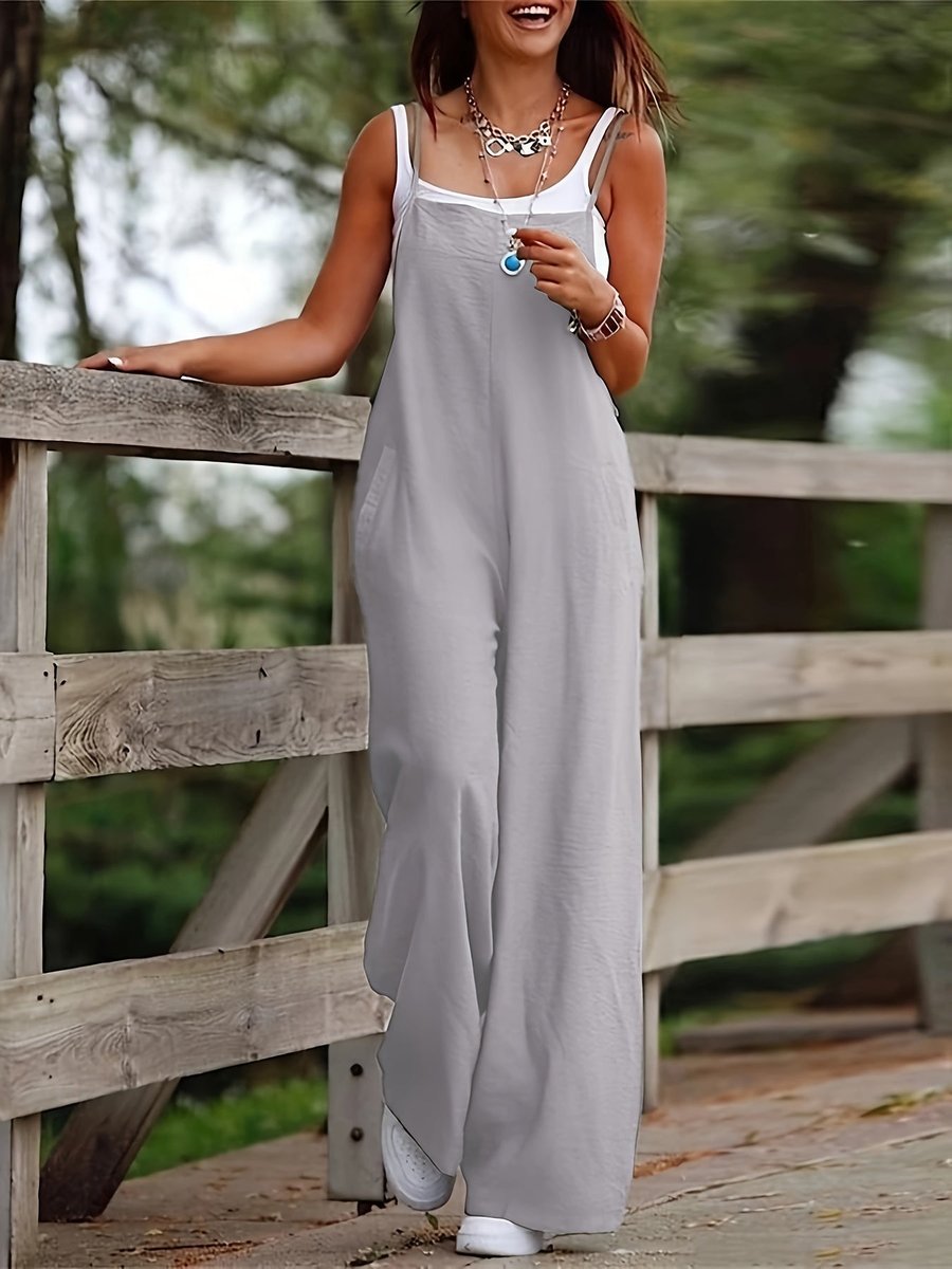 Women's Linen Wide Leg Pants Sleeveless Bib Overall Jumpsuit