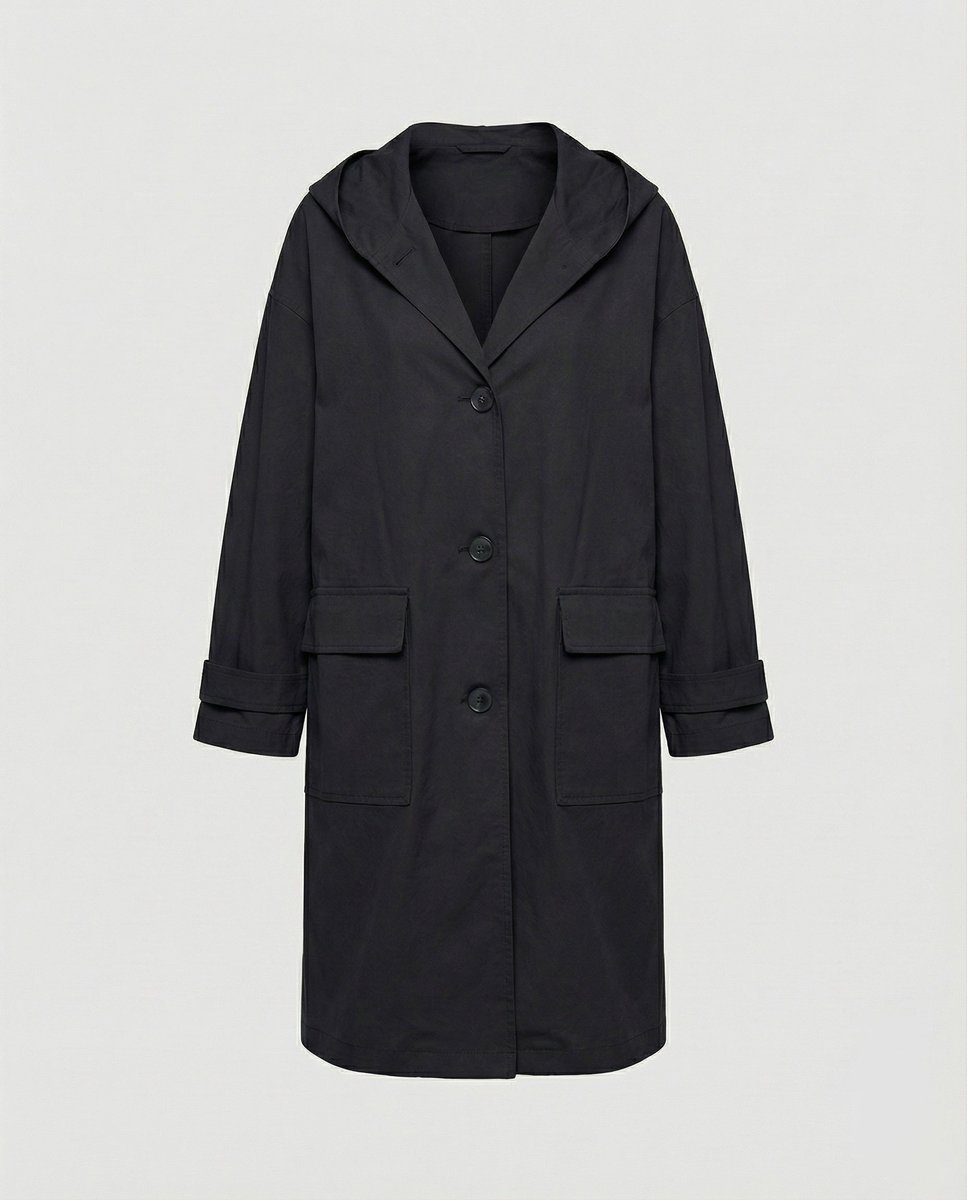 Women's Long Hooded Waterproof Windproof Trench Coat - Black