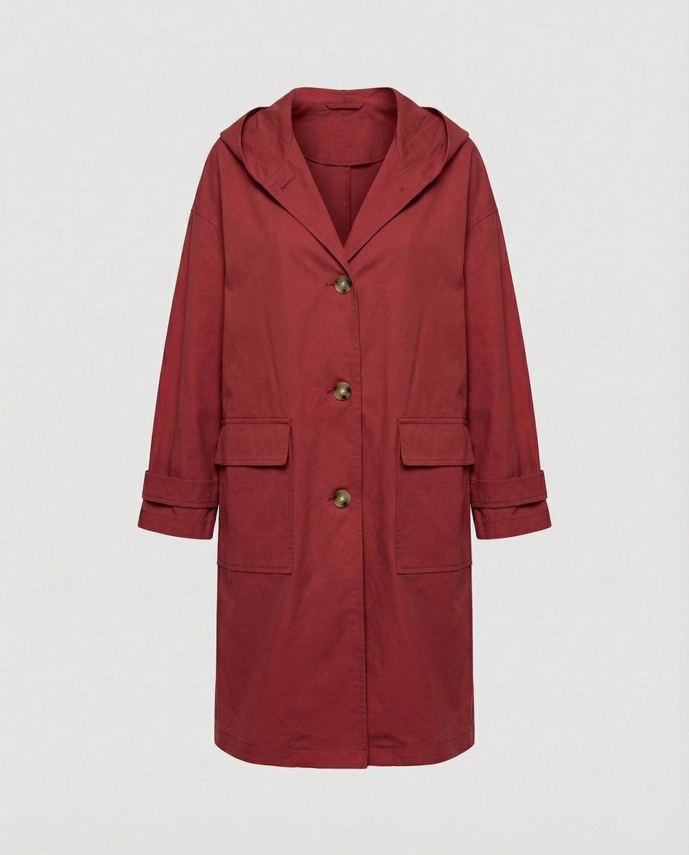 Women's Long Hooded Waterproof Windproof Trench Coat - Red