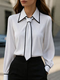 Women's Long Sleeve Contrast Trim Detachable Tie Neck Blouse - White